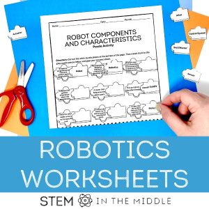 This image reads, "Robotics Worksheets." A hand is matching robotics vocabulary and definitions in a cut and paste activity.