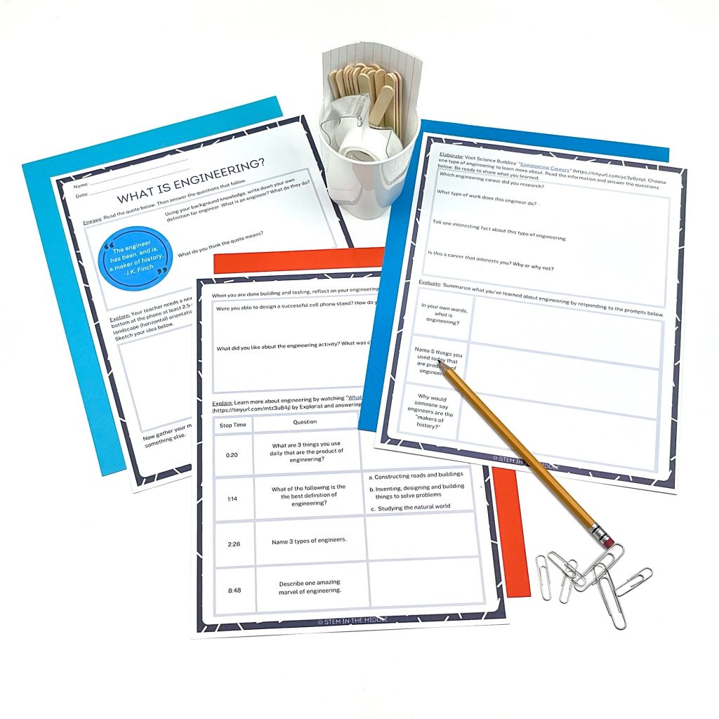what is engineering lesson materials worksheets, pencil, tape, popsicle sticks, flash cards, and paper clips with blue and orange paper background