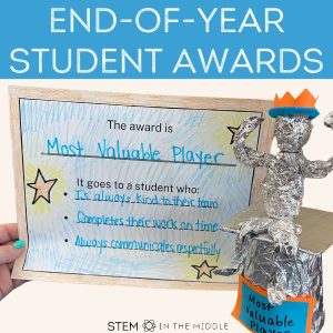 The image text reads, "end-of-year student awards." The image shows a certificate for the "Most Valuable Player" and a DIY trophy showing a foil figure sitting on top of a cup wrapped in foil with a crown on its head and the caption reads "most valuable player."