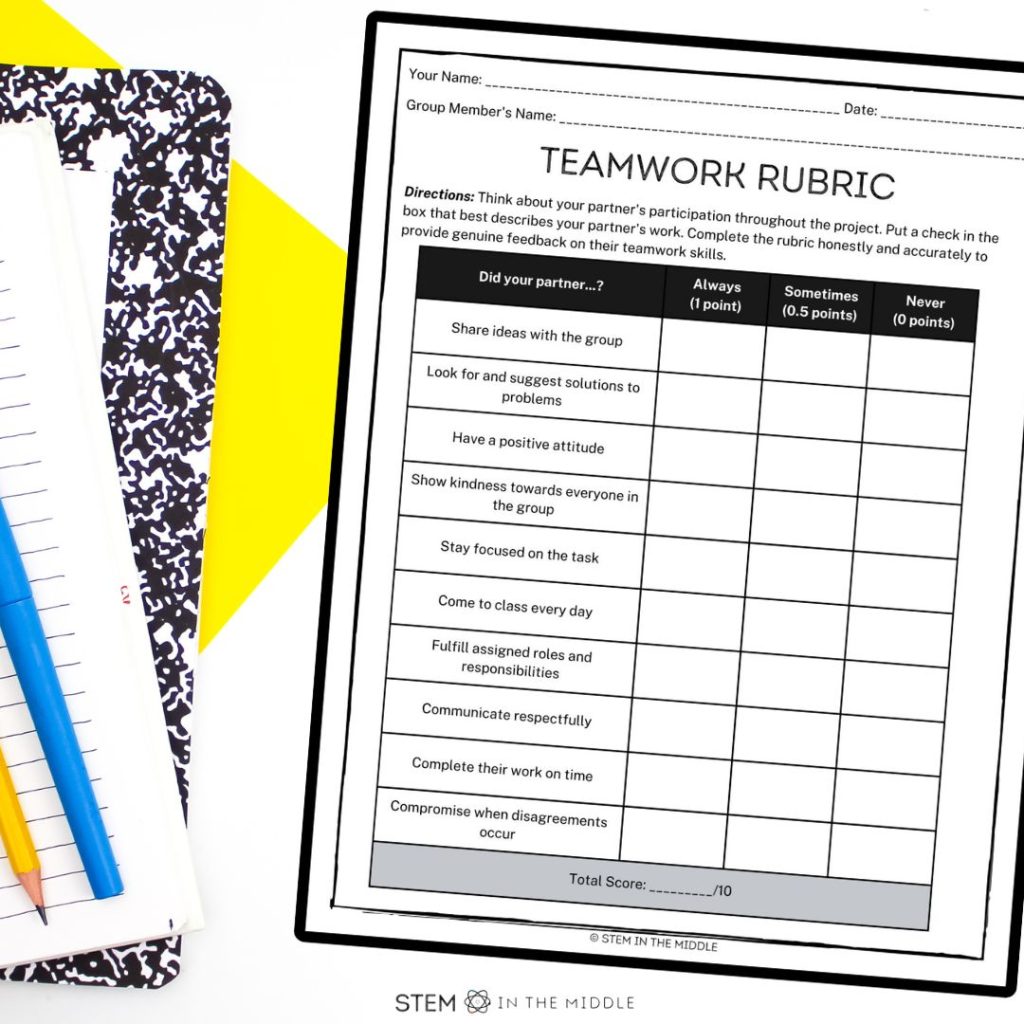 This image shows a group work rubric worksheet next to school supplies.