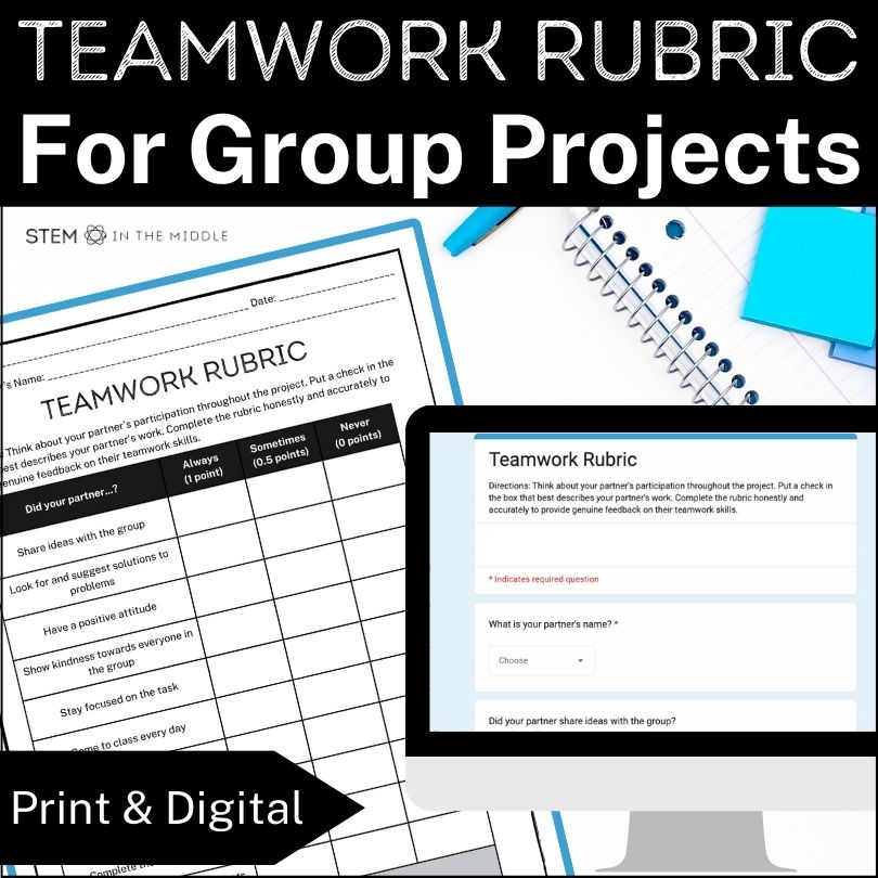 This image shows a computer screen with a form displaying the title "Teamwork Rubric." In the background there is a worksheet titled "Teamwork rubric." The text reads: Teamwork Rubric for Group Projects, Print and Digital.